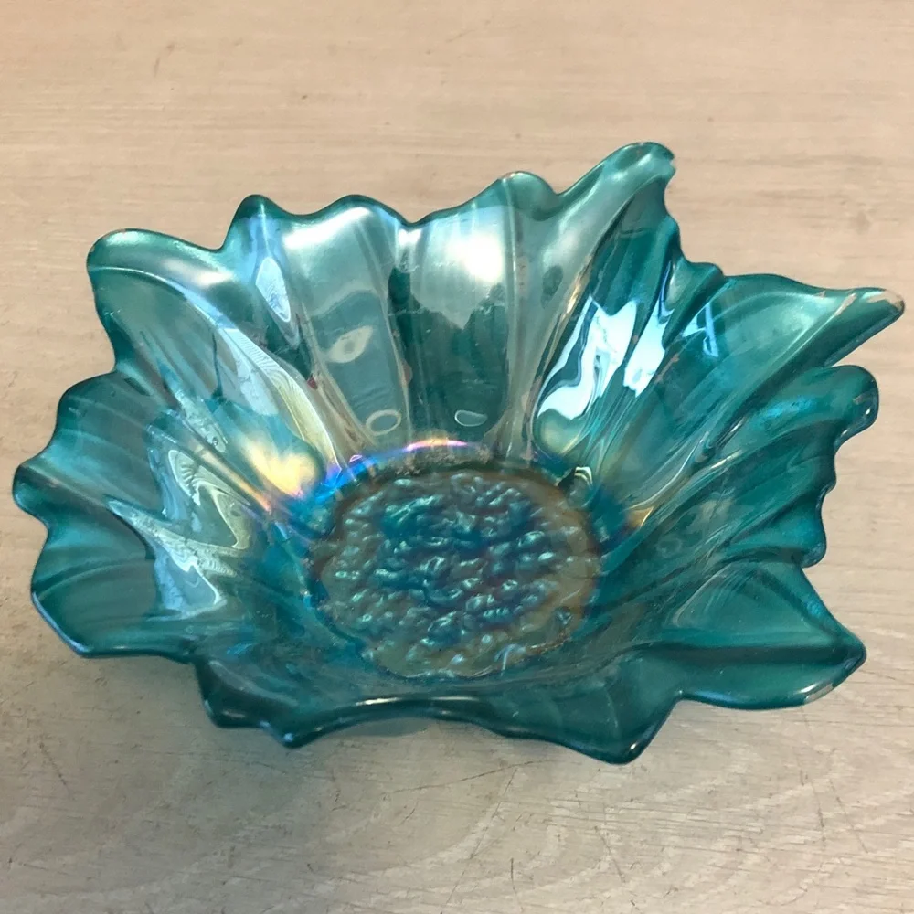 Akcam Turkish Bluish Green Carnival Glass Flower Bowl